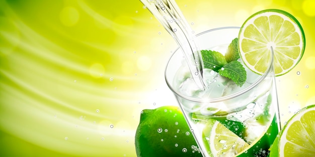 Vector verter líquido en mojito con limón y mentas sobre fondo verde