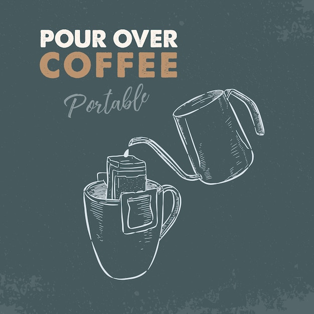 Verter sobre café portátil. Dibujar a mano dibujo vectorial.