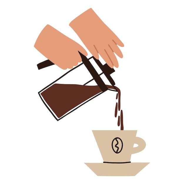 Verter té en una taza. mano sostiene frenchpress. preparando una bebida caliente. vector ilustración plana aislada sobre fondo blanco.