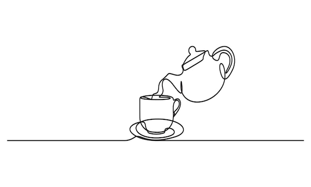 Verter té de la tetera en la taza Arte de línea minimalista