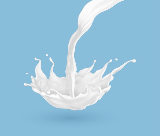 Vector vertido de salpicaduras de leche aisladas sobre fondo azul yoghurt o salpicadura de crema de productos lácteos naturales