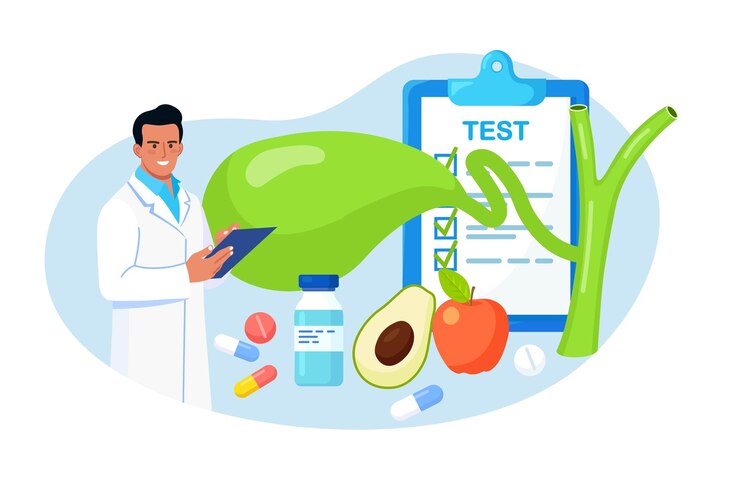 Vector vesícula biliar. los médicos tratan los cálculos biliares. médico científico gastroenterólogo examinar la vesícula biliar. problemas de discinesia biliar. investigación de laboratorio de colecistitis. salud, investigación médica