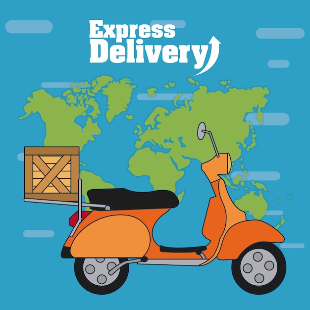 Vespa con la caja sobre el diseño gráfico del ejemplo del vector del mapa del mundo