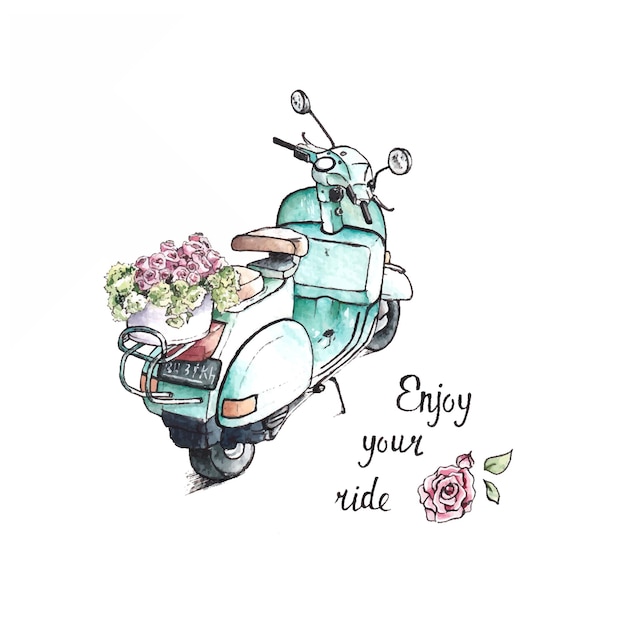 Vespa vintage dibujada a mano con cesta de rosas aislado sobre fondo blanco. Ilustración de acuarela