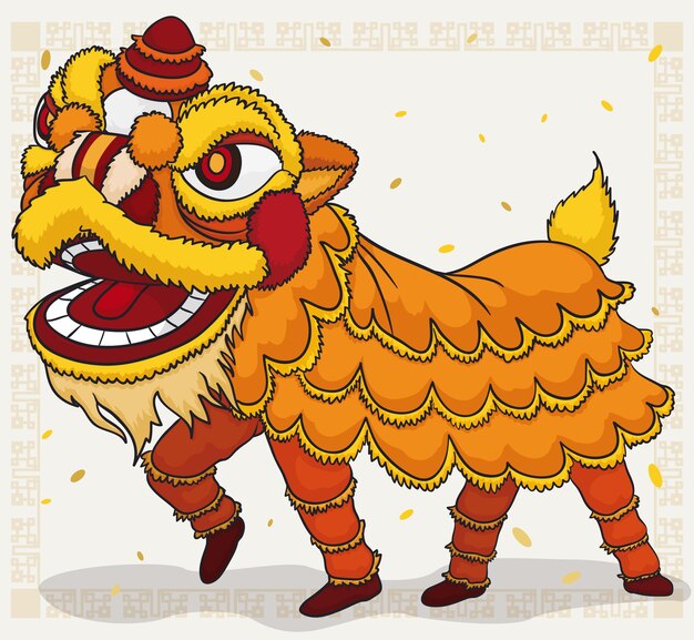 Vector vestido amarillo tradicional chino para la exhibición de la danza del león bajo la ducha de pétalos