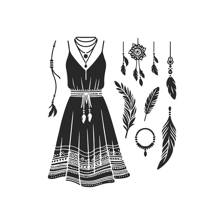 Vector vestido boho moda técnica ilustración