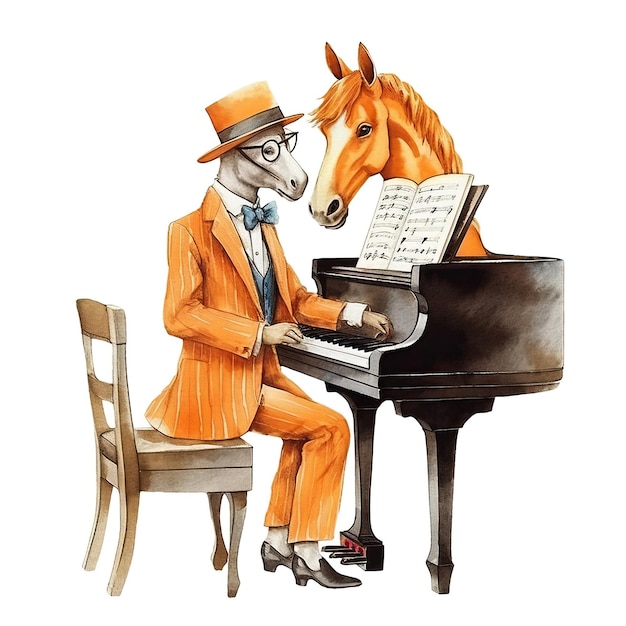Vestido de caballos de dibujos animados ropa de color naranja tocando el piano