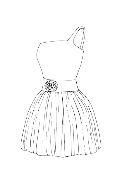 Vestido corto con una flor en el cinturón y con una correa para el hombro, ropa, garabatos, dibujos animados lineales para colorear