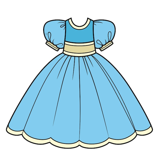 Vector vestido de fiesta azul con variación de color de falda exuberante para colorear página aislada sobre fondo blanco