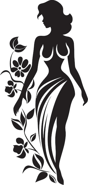 Vestido floral artístico elegante emblema vectorial minimalista flor fusión diseño de mujer negra