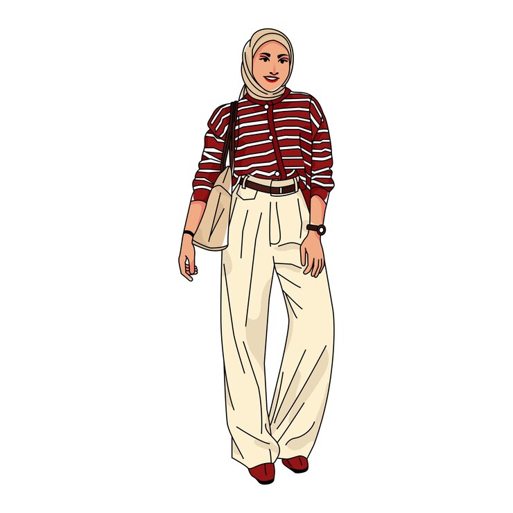 Vector vestido de ilustración mujer hijab con cardigan de color rojo