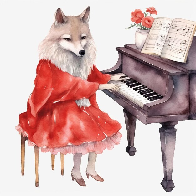 Vector vestido de lobo de dibujos animados ropa de color rojo tocando el piano wate