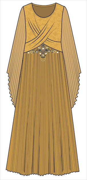 Vector vestido maxi largo de doble capa con adorno y fondo plisado permanenet en archivo vectorial editable