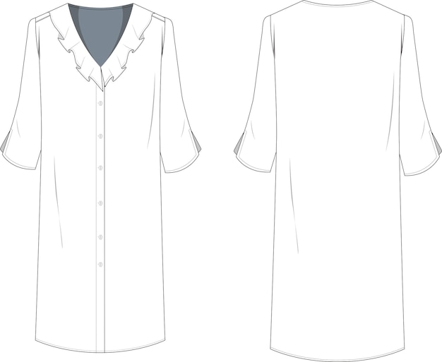 vestido midi de manga larga con cuello en v y cierre de botón detallado con volantes para mujer dibujo técnico cad vectorial