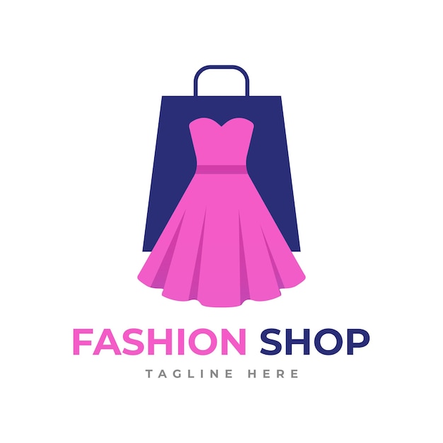 Vestido de mujer y bolsa de compras plantilla de diseño de logotipo de tienda de ropa de moda