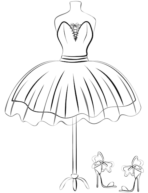 Vestido negro de diseñador en un maniquí con zapatos Fiesta o vestido de cóctel Ilustración vectorial
