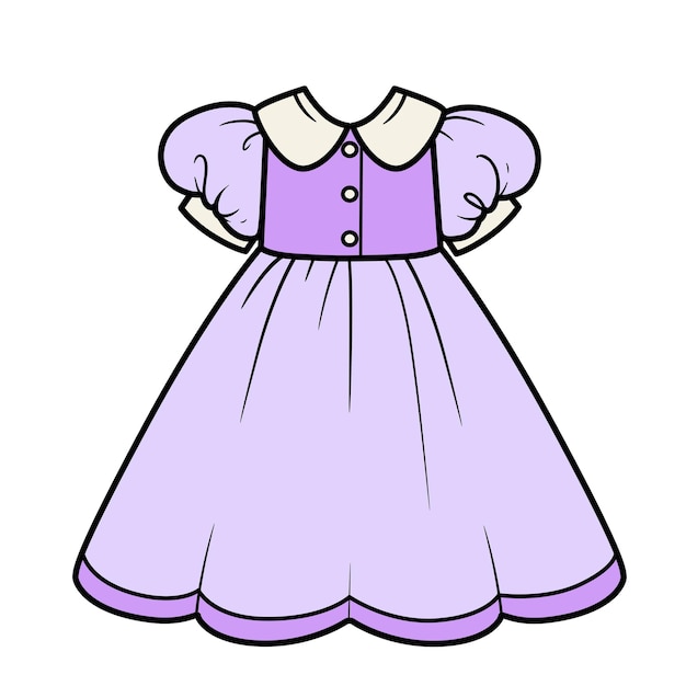 Vestido de niña con una variación de color de falda exuberante para colorear sobre un fondo blanco