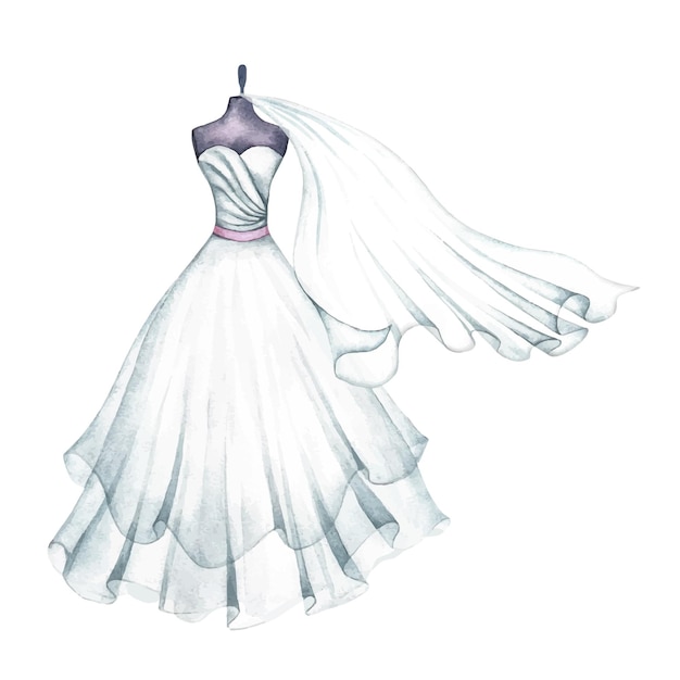 Un vestido de novia blanco en un maniquí y un velo Una ilustración vectorial de acuarela hecha a mano