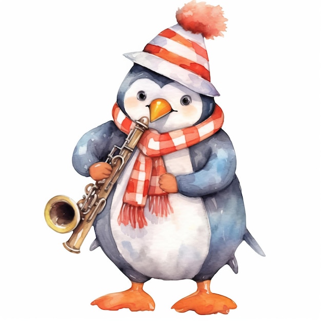 Vector vestido de pingüino de dibujos animados ropa de color rojo tocando la trompeta