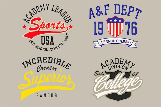 Vestidos deportivos tipografía colección de emblemas T-shirt selo conjunto gráfico Etiquetas deportivas atléticas Colegio