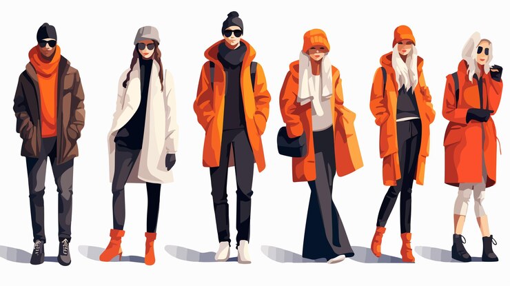 Vector vestidos de invierno de moda hombres y mujeres elegantes al aire libre