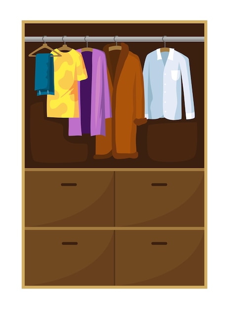 Vestuario de ropa lleno de ropa de mujer Muebles con estantes para accesorios Concepto de diseño de interiores boutique Ilustración de vector de estilo plano