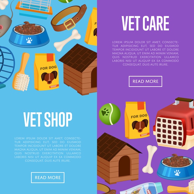 Vector vet shop banner web en estilo de dibujos animados