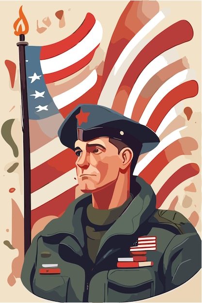Veterano americano en uniforme de pie en la ciudad Ilustración vectorial del día de los veteranos americanos