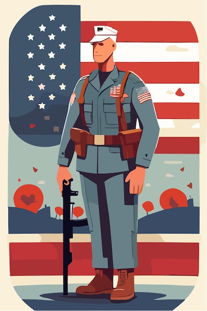 Veterano americano en uniforme de pie en la ciudad Ilustración vectorial del día de los veteranos americanos