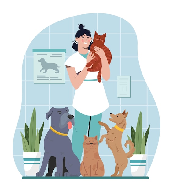 Veterinaria con mascotas concepto Mujer en uniforme médico de pie junto a gatos y perros Médico con pacientes en la clínica veterinaria Niña joven con animales domésticos Ilustración de vector plano de dibujos animados