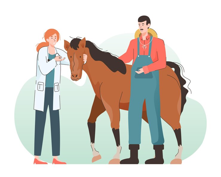 Vector veterinario femenino examinando un caballo