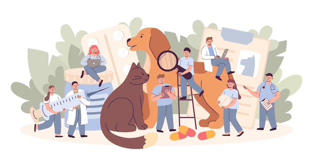 Veterinario con gato y cachorro Clínica veterinaria para mascotas Médicos pequeños Animales domésticos enormes Hospital de tratamiento para chequeos caninos o felinos Vacunación médica Ilustración vectorial