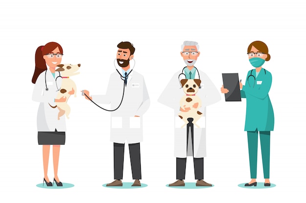 Vector veterinario y médico con perro en clínica veterinaria