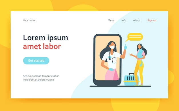Veterinario en la mujer de consultoría de la pantalla del teléfono inteligente con gato. Consulta veterinaria, online