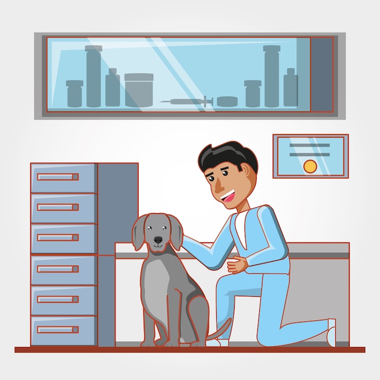 Vector veterinario con perro en centro médico