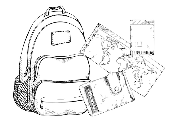 Vía de cuero vintage bolsa de mochila cartera con cremallera mapa del mundo boleto cupón permiso vector mano de tinta
