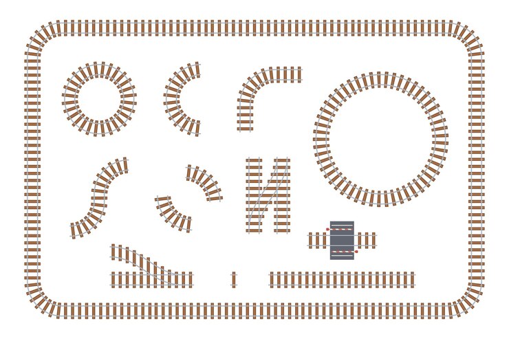 Vector vía ferroviaria, forma de tráfico ondulada, recta, estructura curva. elemento de ruta de ruta de ferrocarril de tren para girar, avanzar en dirección, conmutar ferrocarril y cruzar ilustración vectorial aislado en blanco