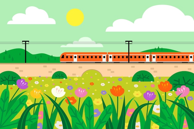 Vector vía del tren pasando por un campo de flores