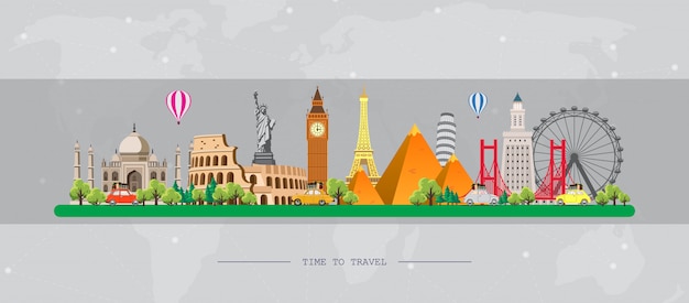 Viaja al mundo. Viaje. Gran conjunto de monumentos famosos del mundo. Tiempo de viaje, turismo, vacaciones de verano.