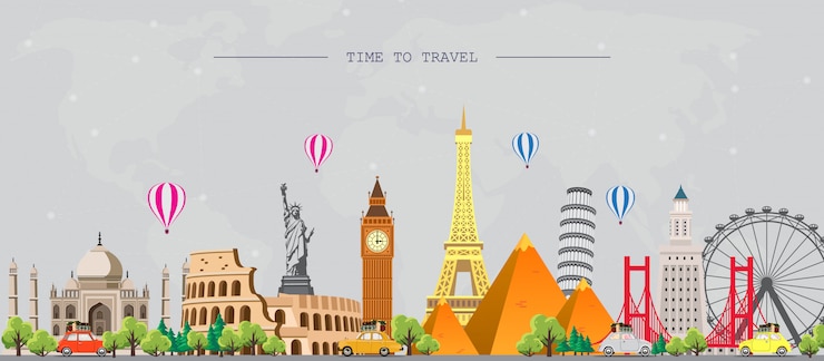 Vector viaja al mundo. viaje. gran conjunto de monumentos famosos del mundo. tiempo de viaje, turismo, vacaciones de verano.