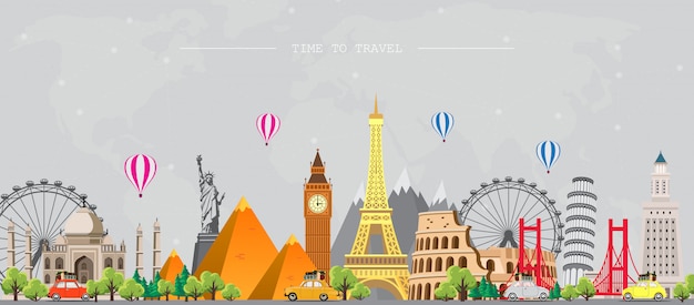 Viaja al mundo. Viaje. Gran conjunto de monumentos famosos del mundo. Tiempo de viaje, turismo, vacaciones de verano.