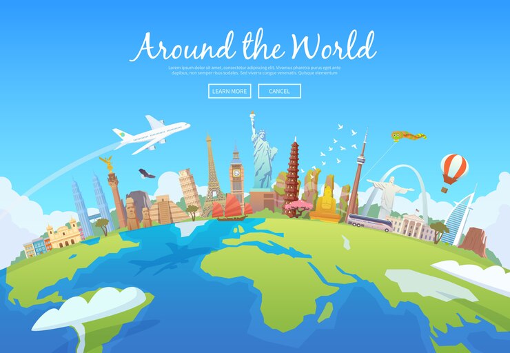 Viaja al mundo. Viaje. Turismo. Hitos en el mundo. Plantilla de sitio web de concepto. ilustración. Diseño plano moderno.