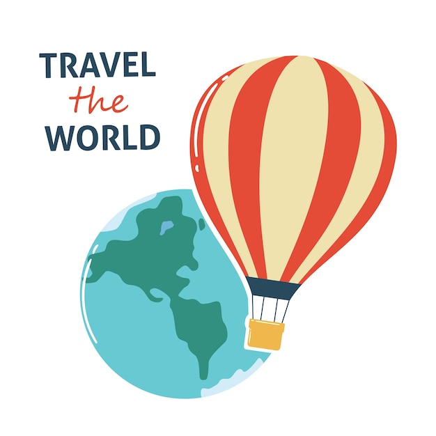 Vector viaja por el mundo con globo de aire caliente y la ilustración de la tierra