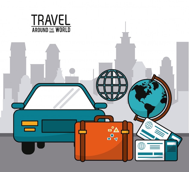 Viaja por todo el mundo con la maleta del mundo del coche y la ciudad del boleto