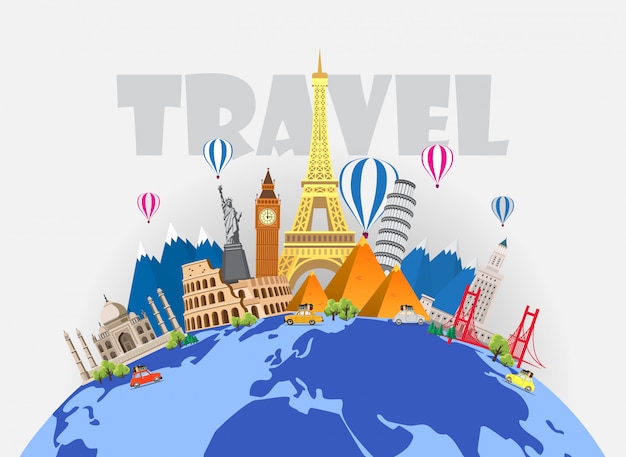 Viaja por todo el mundo. Viaje. Gran conjunto de monumentos famosos del mundo. Tiempo de viaje, turismo, vacaciones de verano. Diferentes tipos de viaje.