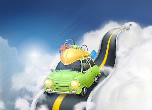 Vector viajando en coche en las nubes, ilustración vectorial