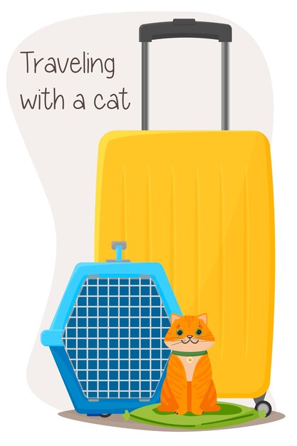 Vector viajando con mascotas, maletas, mochila y portador de gatos, ilustración aislada