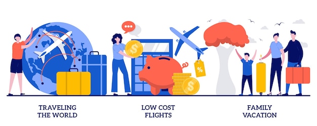 Vector viajando por el mundo, vuelos low cost, concepto de vacaciones familiares con gente diminuta. conjunto de ilustración de vector abstracto de viaje de vacaciones. billete de avión barato, recreación de verano y metáfora de la aventura.