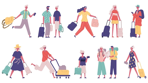 Viajando personajes masculinos y femeninos turísticos de vacaciones de verano. Turista con equipaje en el aeropuerto conjunto de ilustraciones vectoriales. Mascotas de los viajeros