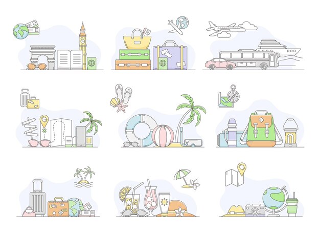 Viajar alrededor del mundo y viajar a otro país para vacaciones Line Vector Set